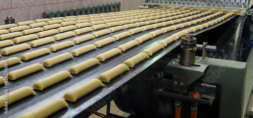 Obraz na plátně Mass production of bread rolls in an industrial bakery conveyor belt
