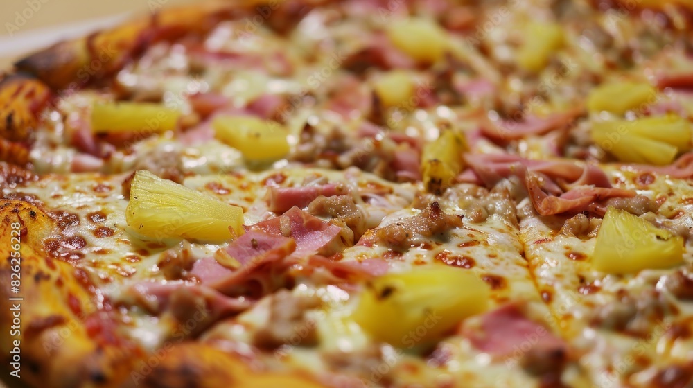 Delicious Hawaiian Pizza with Pineapple and Ham Close-Up Delicious Hawaiian Pizza with Pineapple and Ham Close-Up