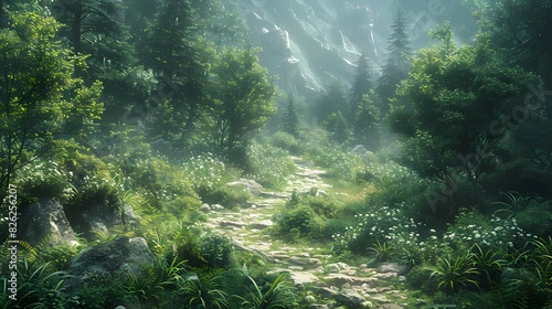 A verdant green landscape with a winding path leading through a dense forest  inviting exploration and adventure