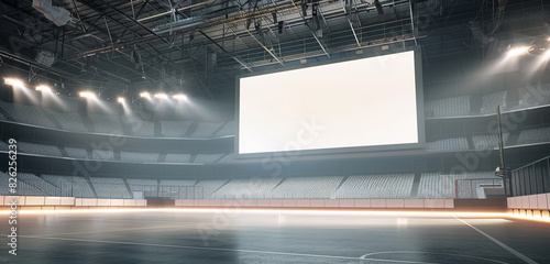 Realistic 3D render of a sports arena with a large blank billboard for sponsor ads, enhanced by a light border.