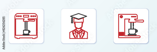 Set line Coffee machine and cup, and Graduate with graduation cap icon. Vector