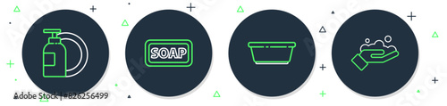 Set line Bar of soap, Plastic basin, Dishwashing liquid bottle and plate and Washing hands with icon. Vector