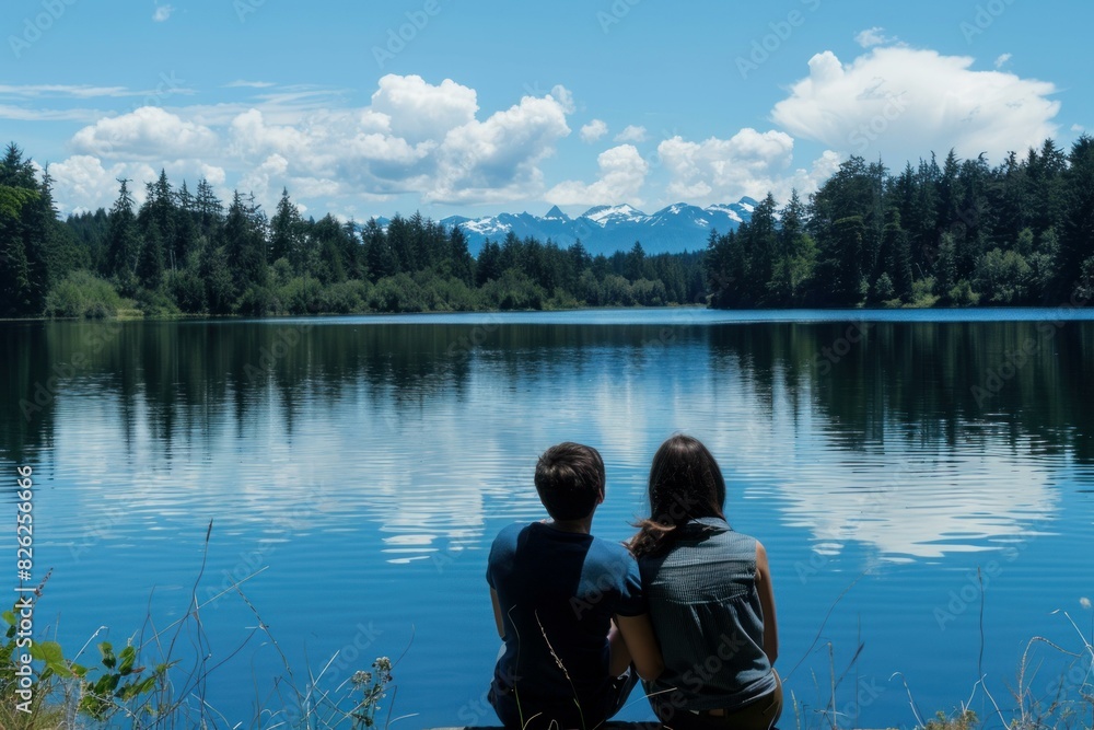 Back view of a couple sitting by a tranquil lake, gazing at the distant mountains under a clear blue sky Back view of a couple sitting by a tranquil lake, gazing at the distant mountains under a clear blue sky