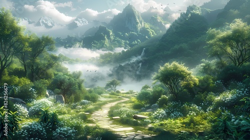 A verdant green landscape with a winding path leading through a dense forest  inviting exploration and adventure