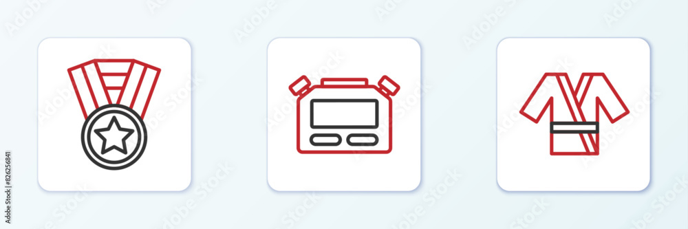Set line Japanese costume Kimono, Medal and Stopwatch icon. Vector Set line Japanese costume Kimono, Medal and Stopwatch icon. Vector