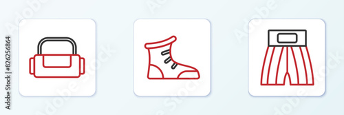 Set line Boxing short, Sport bag and boxing shoes icon. Vector