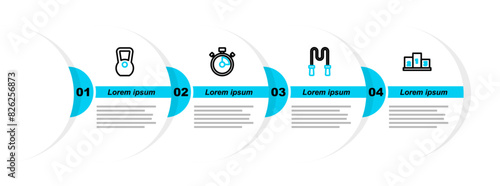 Set line Award over sports winner podium, Jump rope, Stopwatch and Kettlebell icon. Vector