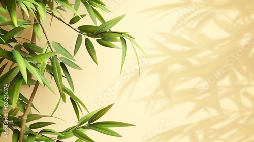 3D rendering of bamboo leaves with a blurred background. The bamboo leaves are green and lush  and the background is a light beige color.