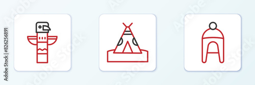 Set line Winter hat, Canadian totem pole and Indian teepee or wigwam icon. Vector