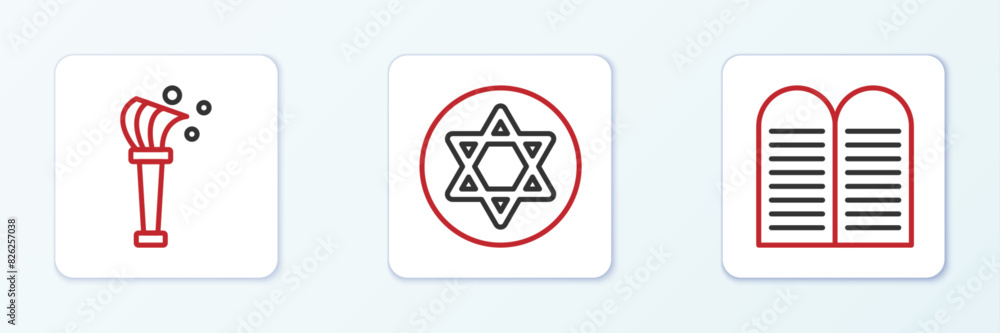 Set line The commandments, Aspergillum and Star of David icon. Vector Set line The commandments, Aspergillum and Star of David icon. Vector