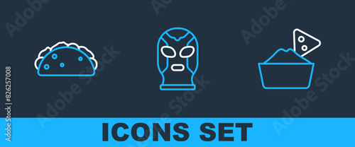 Set line Nachos in bowl, Taco with tortilla and Mexican wrestler icon. Vector