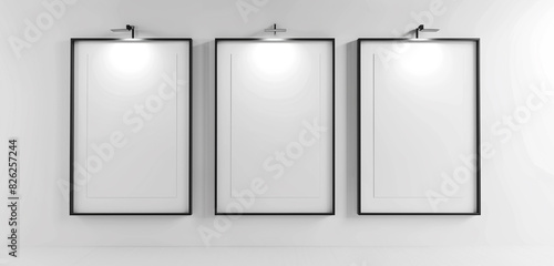 Elegant art space with three blank frames on a bright white wall, ambient light, 3D rendering