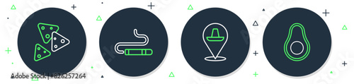Set line Cigar, Mexican sombrero, Nachos and Avocado fruit icon. Vector
