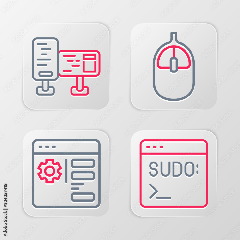 Set line Code terminal, Browser setting, Computer mouse and monitor screen icon. Vector Set line Code terminal, Browser setting, Computer mouse and monitor screen icon. Vector