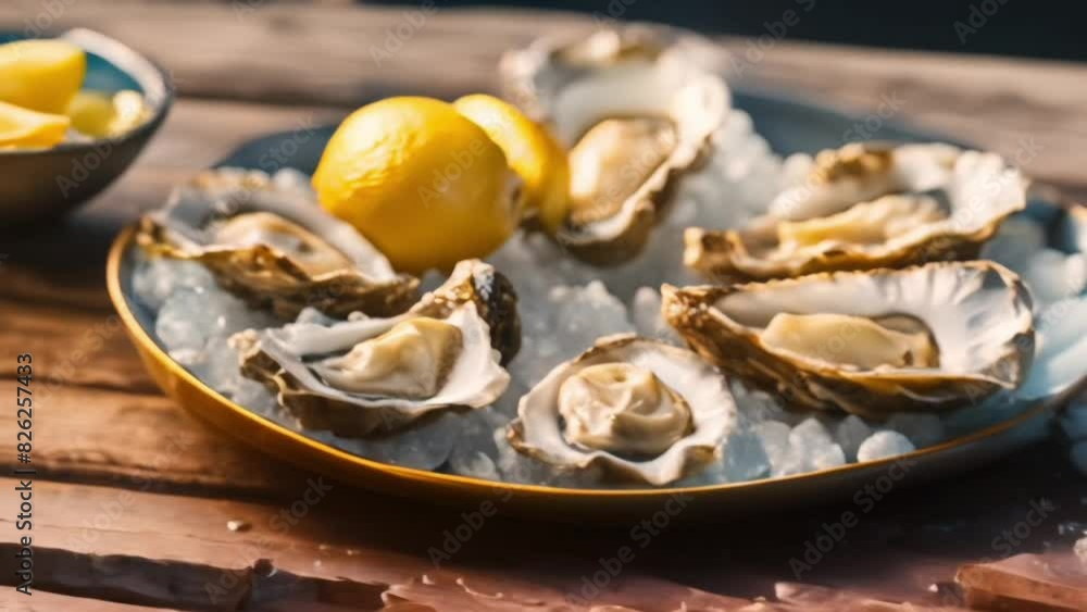 Fresh Oysters on white plate with lemon on blurred seascape background. Healthy seafood. Fresh Oyster in open air restaurant. Gourmet food. Copy space Fresh Oysters on white plate with lemon on blurred seascape background. Healthy seafood. Fresh Oyster in open air restaurant. Gourmet food. Copy space
