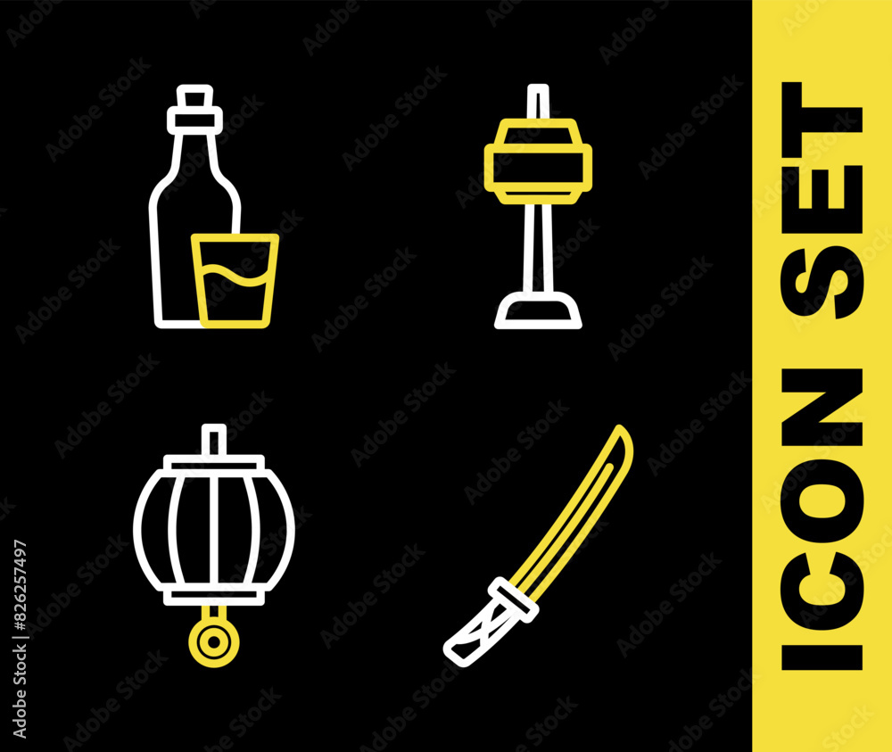 Set line N Seoul tower in South Korea, Katana, Korean lantern and Soju bottle icon. Vector Set line N Seoul tower in South Korea, Katana, Korean lantern and Soju bottle icon. Vector