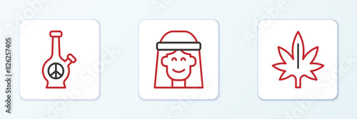 Set line Marijuana, Bong and Hippie girl icon. Vector