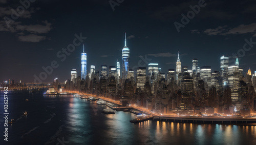 A night view of a city skyline with many skyscrapers  showing lights reflecting off a river in the foreground.