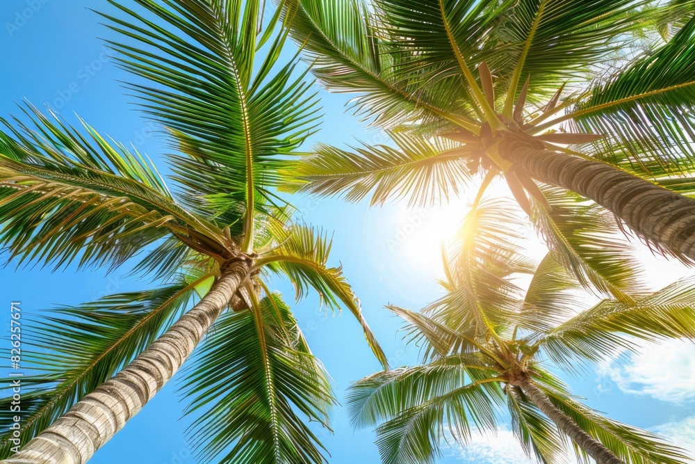 Fototapeta premium Tranquil tropical scene clear blue sky, fluffy white clouds, perfect weather emphasized