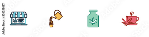 Set Online buying marijuana, Watering can, Medical bottle with and Cup tea icon. Vector