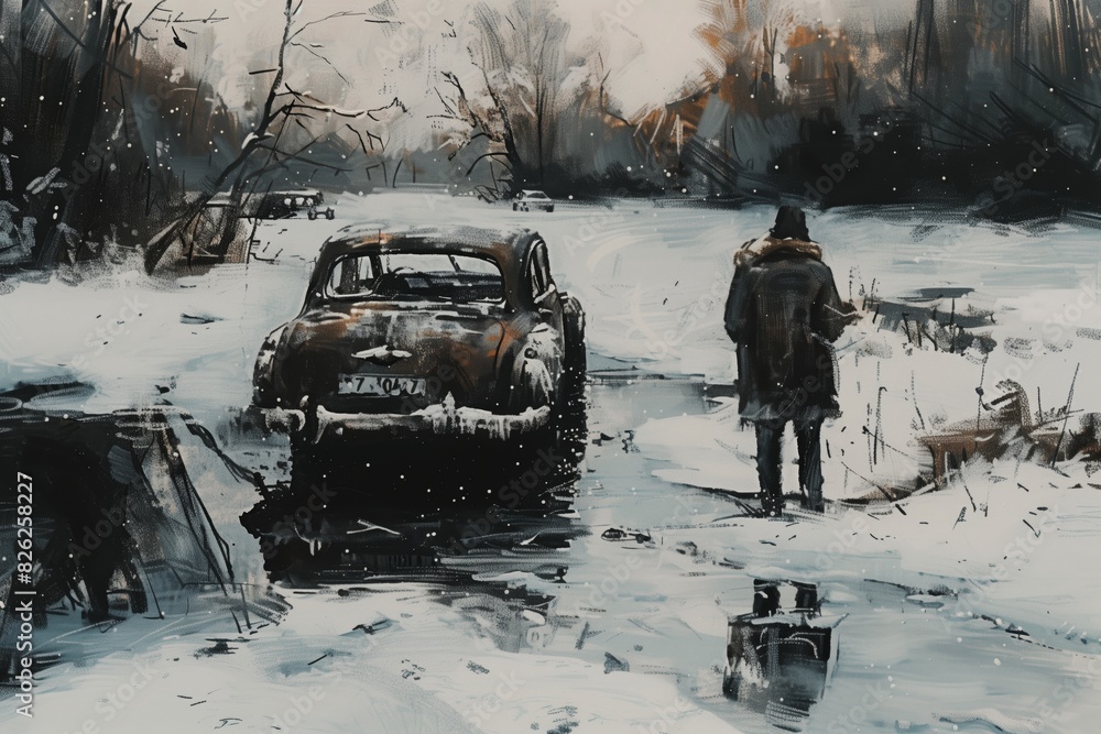 the car of the years 1940 in winter on the river the car of the years 1940 in winter on the river