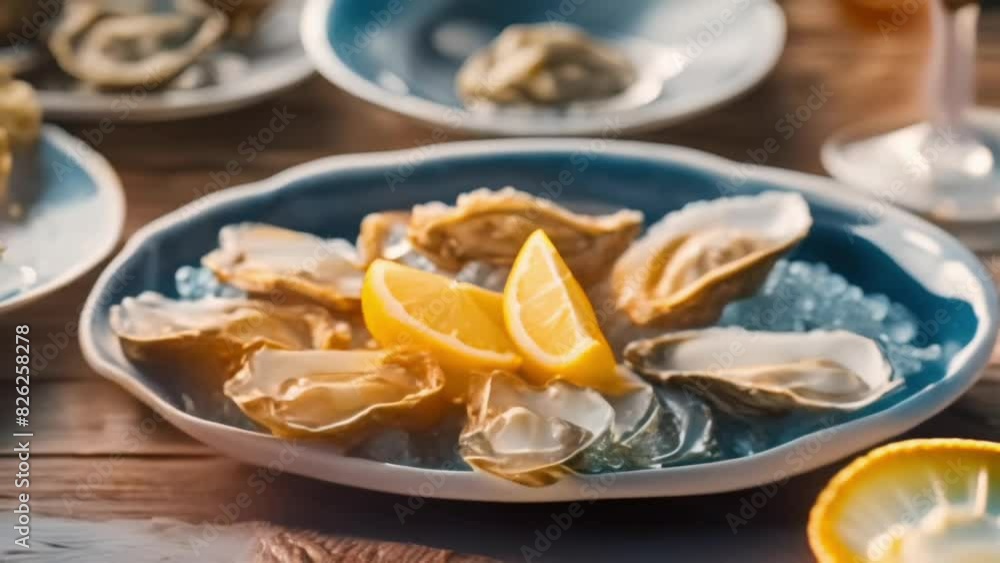 Fresh Oysters on white plate with lemon on blurred seascape background. Healthy seafood. Fresh Oyster in open air restaurant. Gourmet food. Copy space Fresh Oysters on white plate with lemon on blurred seascape background. Healthy seafood. Fresh Oyster in open air restaurant. Gourmet food. Copy space