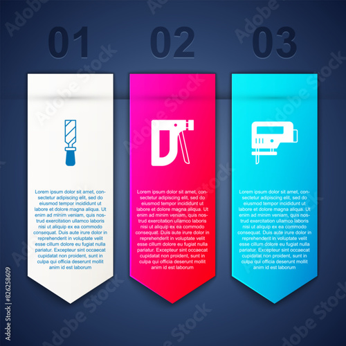 Set Rasp metal file, Construction stapler and Electric jigsaw. Business infographic template. Vector