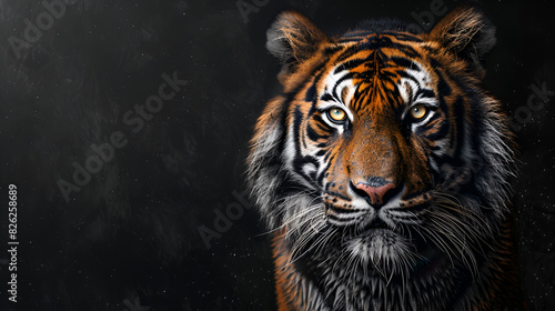 Portrait of tiger animal Close-up Bengal tiger and black background. Copy space  Generative Ai 