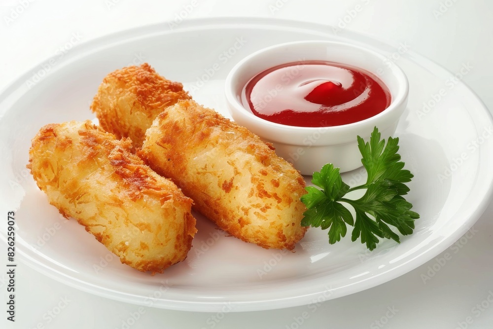  french cheese crispy potato croquettes with ketchup on a white plate on a white background