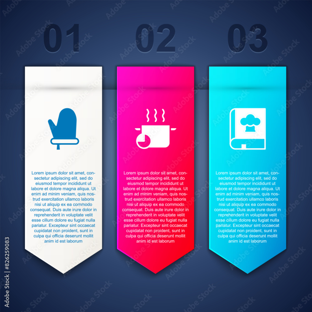 Set Oven glove, Cooking pot and Cookbook. Business infographic template. Vector Set Oven glove, Cooking pot and Cookbook. Business infographic template. Vector