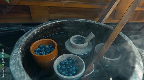   A table with a wooden spoon, a bowl of blueberries, and a bucket filled with blueberries