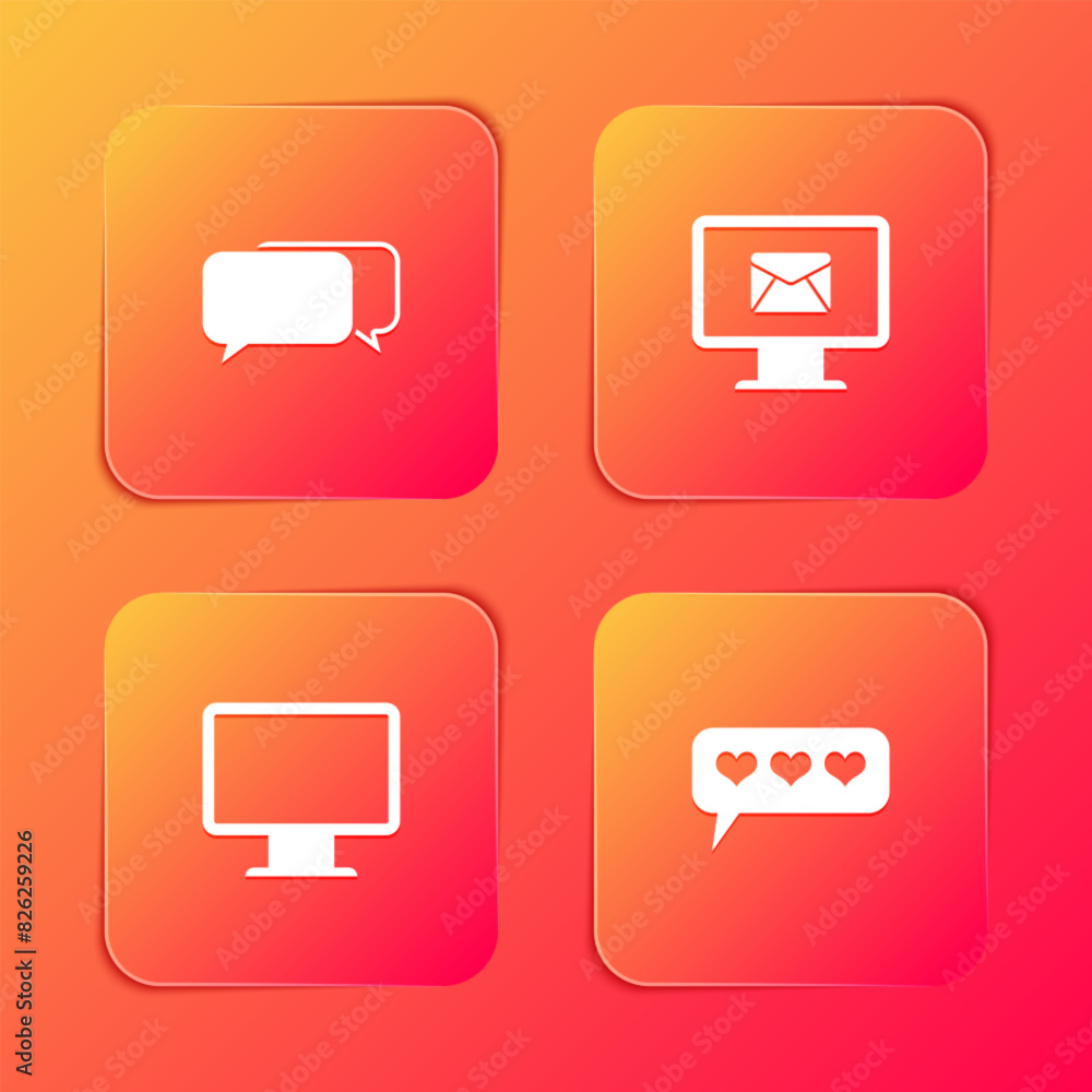 Set Chat, Monitor and envelope, Computer monitor screen and Like heart icon. Vector Set Chat, Monitor and envelope, Computer monitor screen and Like heart icon. Vector