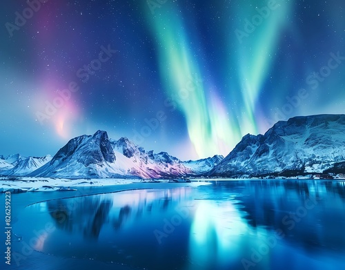 A beautiful northern lights with dramatic shapes illuminating the night sky over the Lofoten Islands