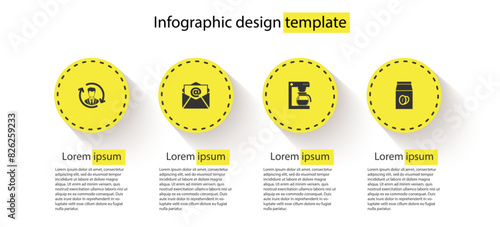Set Human resources, Mail and e-mail, Coffee machine with pot and beans bag. Business infographic template. Vector