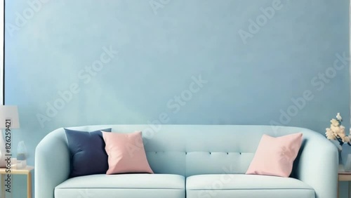 Livingroom or buisness hall scene light pastel color. Lounge room - blue sky paint and velor. Empty wall blank - navy pale tone loveseat.Luxury modern house design interior generative ai	 photo