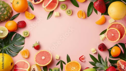 Bright and colorful assortment of fresh fruits arranged in a frame on a pink background