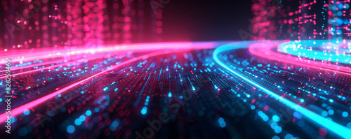 3D rendering of pink and blue neon light lines on a black background with a blurred abstract digital data flow in the background, with a wide perspective, depicting a data technology concept. © bensaid