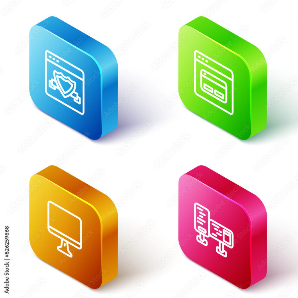 Set Isometric line Browser with shield, Search engine, Computer monitor screen and icon. Vector Set Isometric line Browser with shield, Search engine, Computer monitor screen and icon. Vector