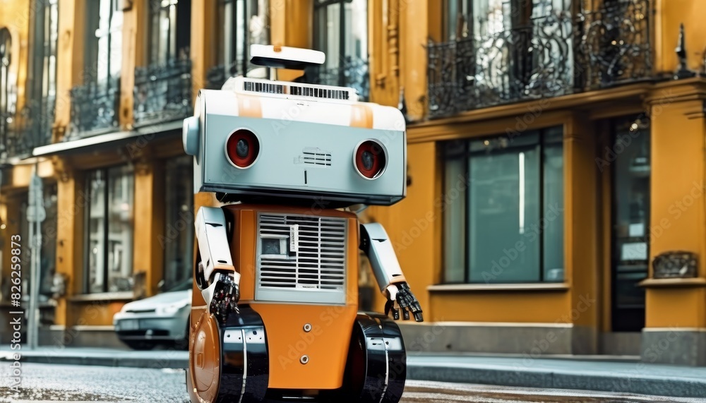 A stylish urban robot navigates a city street, illustrating a blend of modern robotics with everyday city life.. AI Generation A stylish urban robot navigates a city street, illustrating a blend of modern robotics with everyday city life.. AI Generation