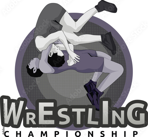 WRESTLING CHAMPHIONSHIP BADGE. TWO MEN FIGHTING ILLUSTRATION