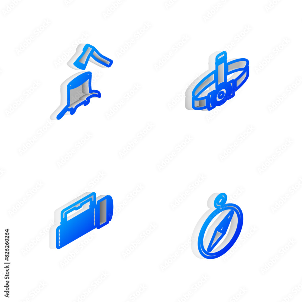 Set Isometric line Head flashlight, Wooden axe in stump, Flashlight and Compass icon. Vector Set Isometric line Head flashlight, Wooden axe in stump, Flashlight and Compass icon. Vector