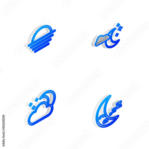 Set Isometric line Cloud with moon and stars, Sunset, and Moon icon icon. Vector