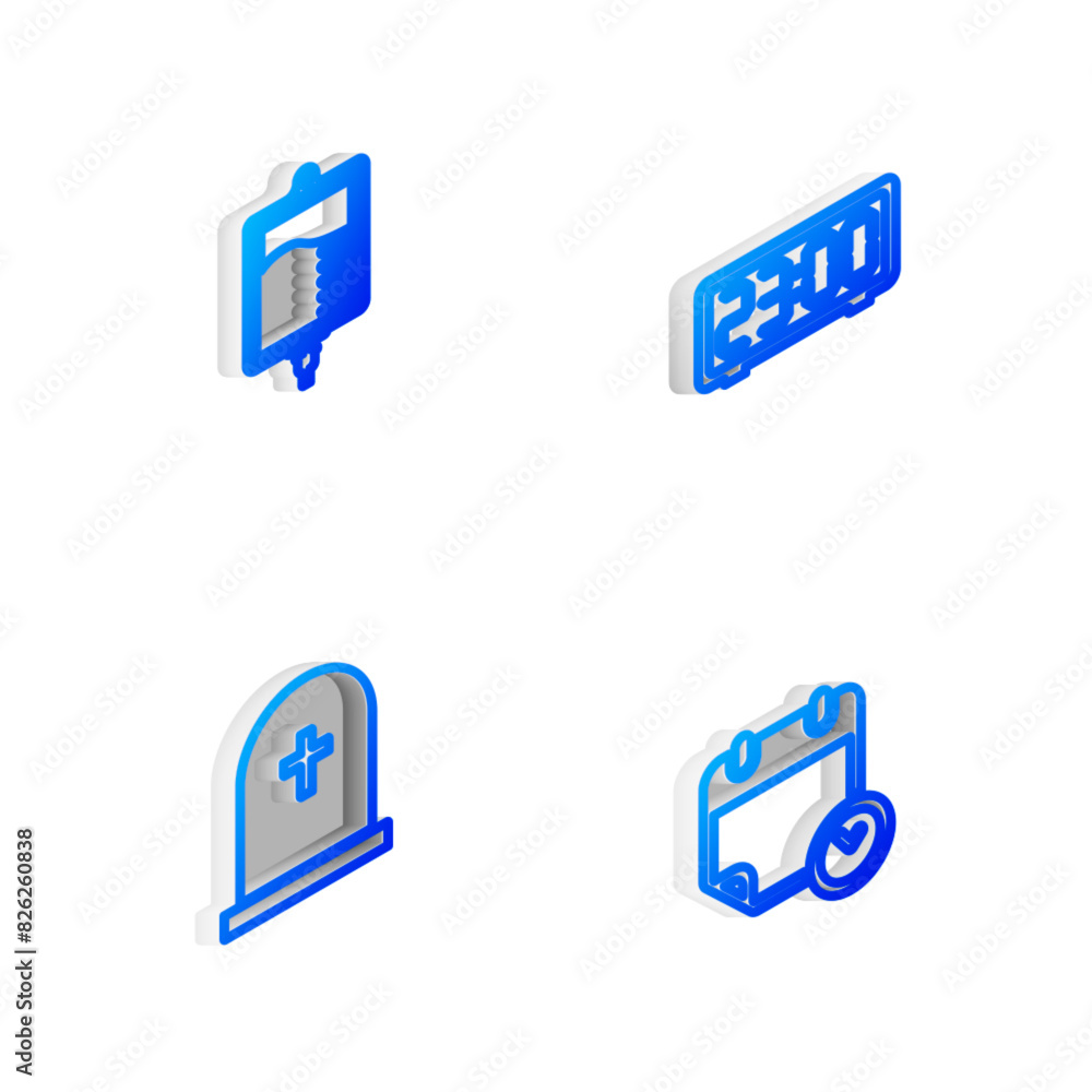 Set Isometric line Digital alarm clock, IV bag, Tombstone with cross and Calendar and icon. Vector Set Isometric line Digital alarm clock, IV bag, Tombstone with cross and Calendar and icon. Vector