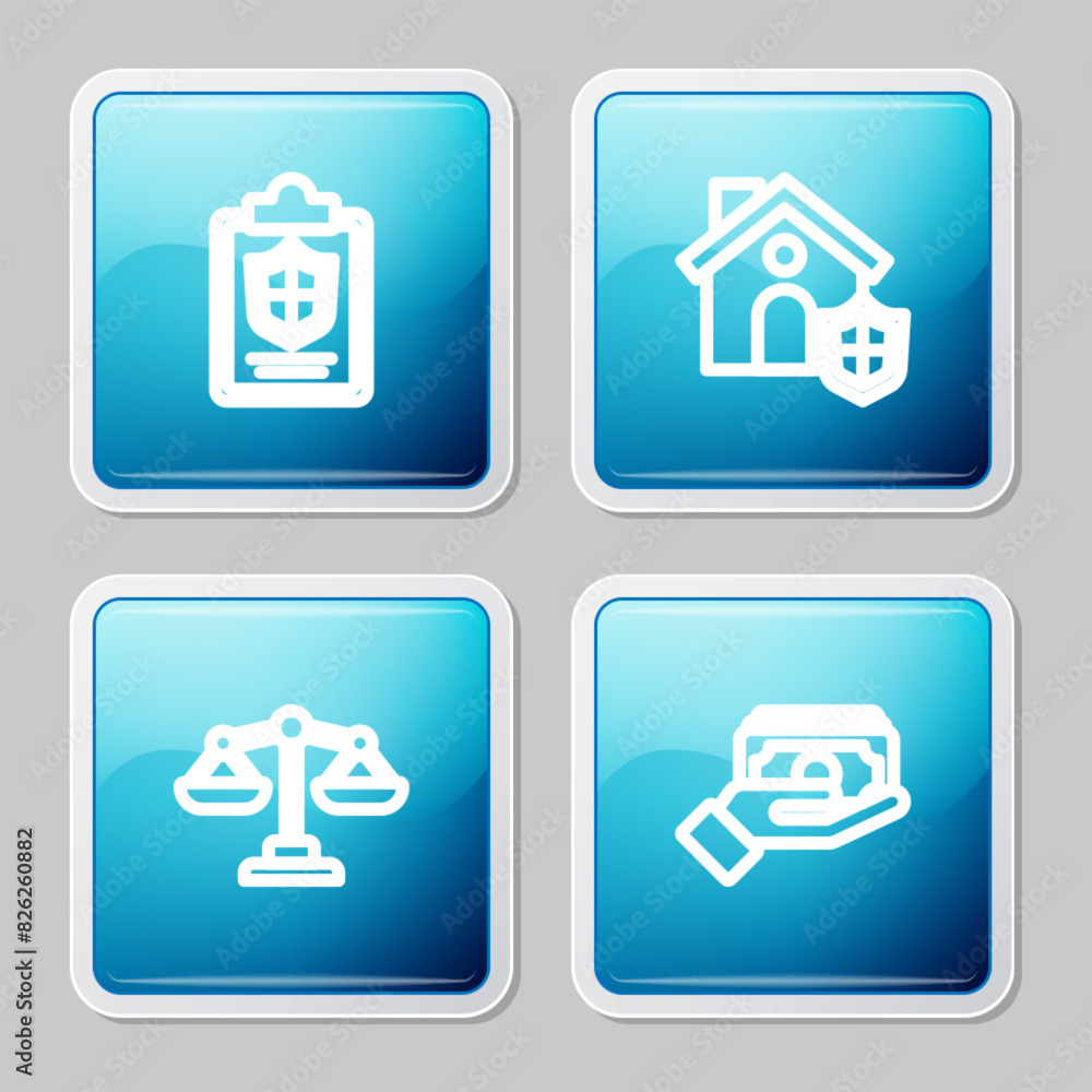 Set line Document with shield, House, Scales of justice and Stacks paper money cash icon. Vector Set line Document with shield, House, Scales of justice and Stacks paper money cash icon. Vector