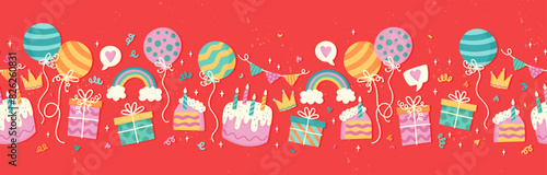 Fun hand drawn party seamless background with cakes, gift boxes, balloons and party decoration. Great for birthday parties, textiles, banners, wallpapers, wrapping - vector design