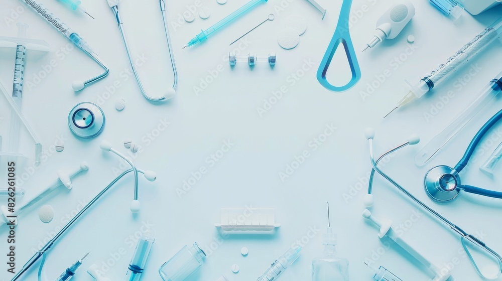 Medical tools and equipment arranged in a bright high-key mockup frame Medical tools and equipment arranged in a bright high-key mockup frame