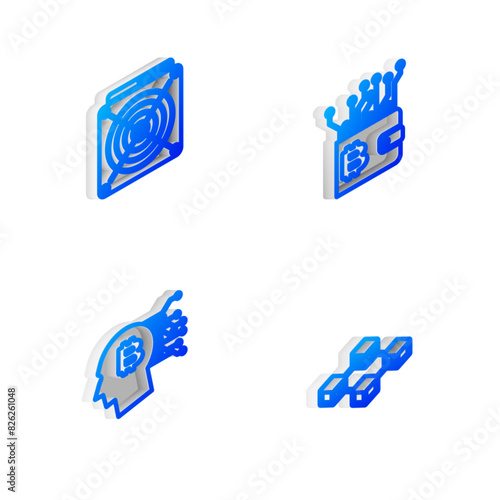 Set Isometric line Cryptocurrency wallet, ASIC Miner, Bitcoin think and Blockchain technology icon. Vector