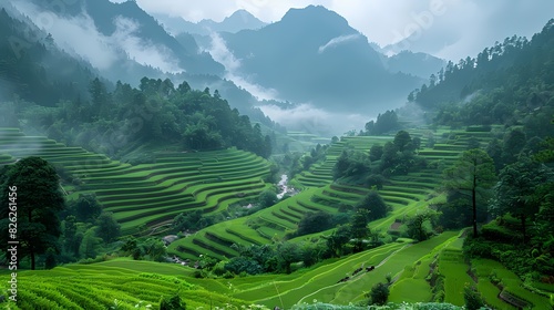 A vibrant green valley with terraced fields of crops, showcasing the harmonious relationship between nature and agriculture