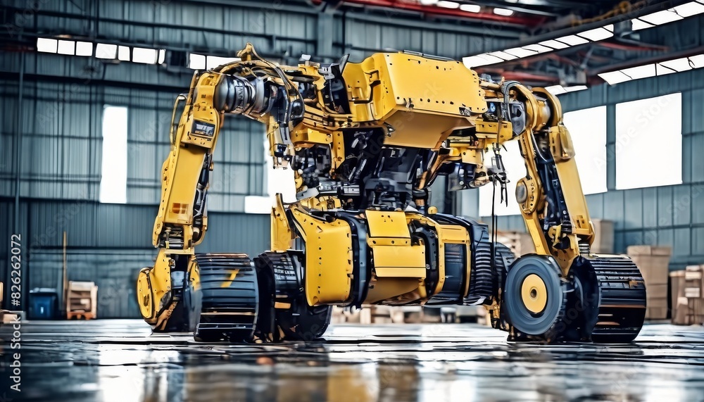 A large yellow robotic machine operates machinery in a high-tech factory setting, showcasing industrial automation.. AI Generation A large yellow robotic machine operates machinery in a high-tech factory setting, showcasing industrial automation.. AI Generation