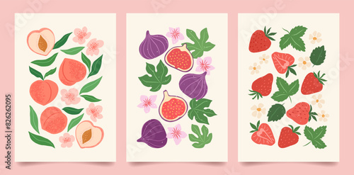 Collection of abstract fruit poster. Contemporary art print with hand drawn peach, strawberry and fig. Trendy design for wall decor, postcard, cover, packaging, t shirt.